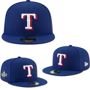 New Era 59FIFTY Texas Rangers Fitted Hat – Royal Blue Flat Bill Baseball Cap Featuring Embroidered White and Red “T” Logo, World Series Patch and Premium MLB Streetwear Headwear