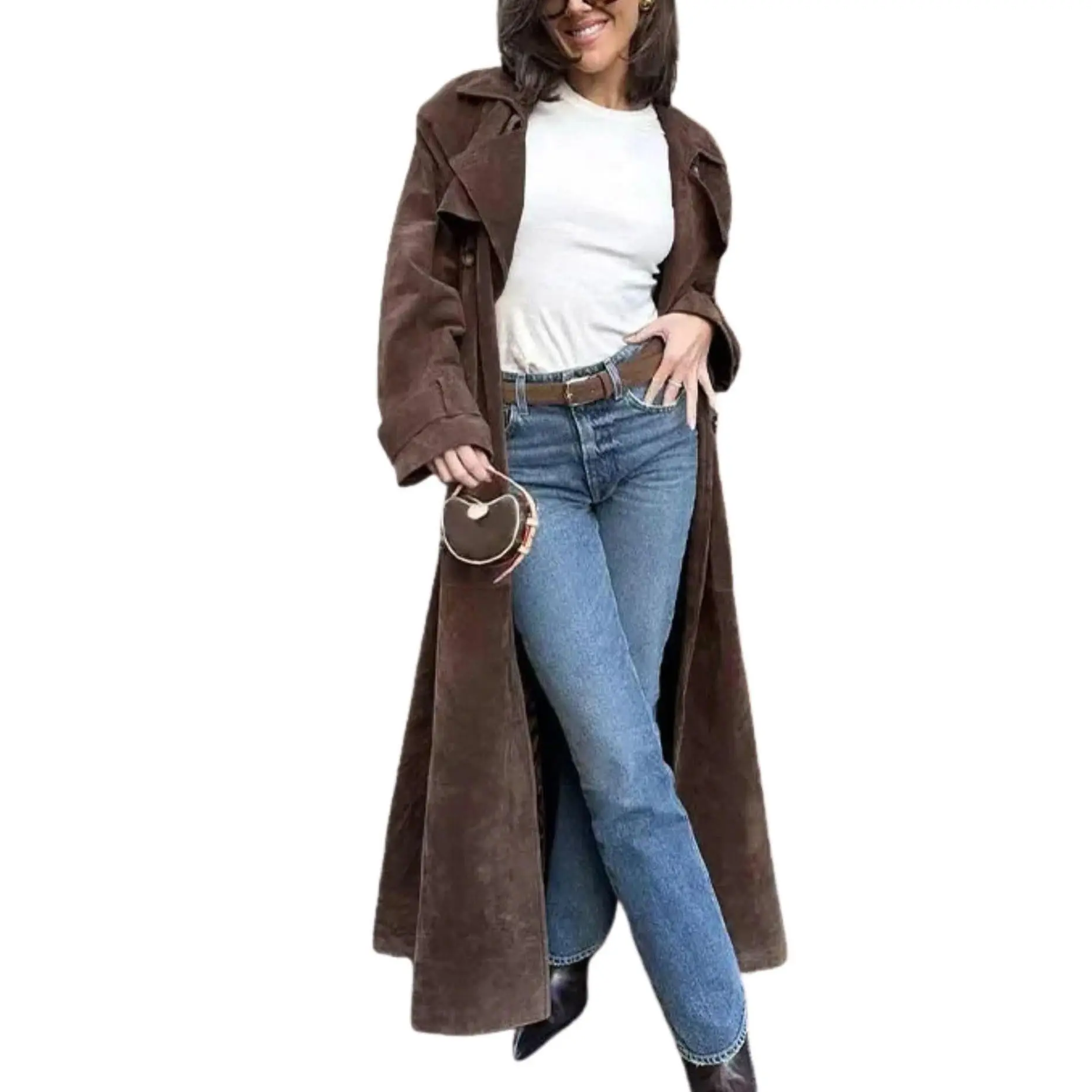 Chouyatou Women's Faux Suede Long Sleeve Trench Coat - Notched Lapel, Double Breasted, Belted Outerwear for Stylish Women's Wear