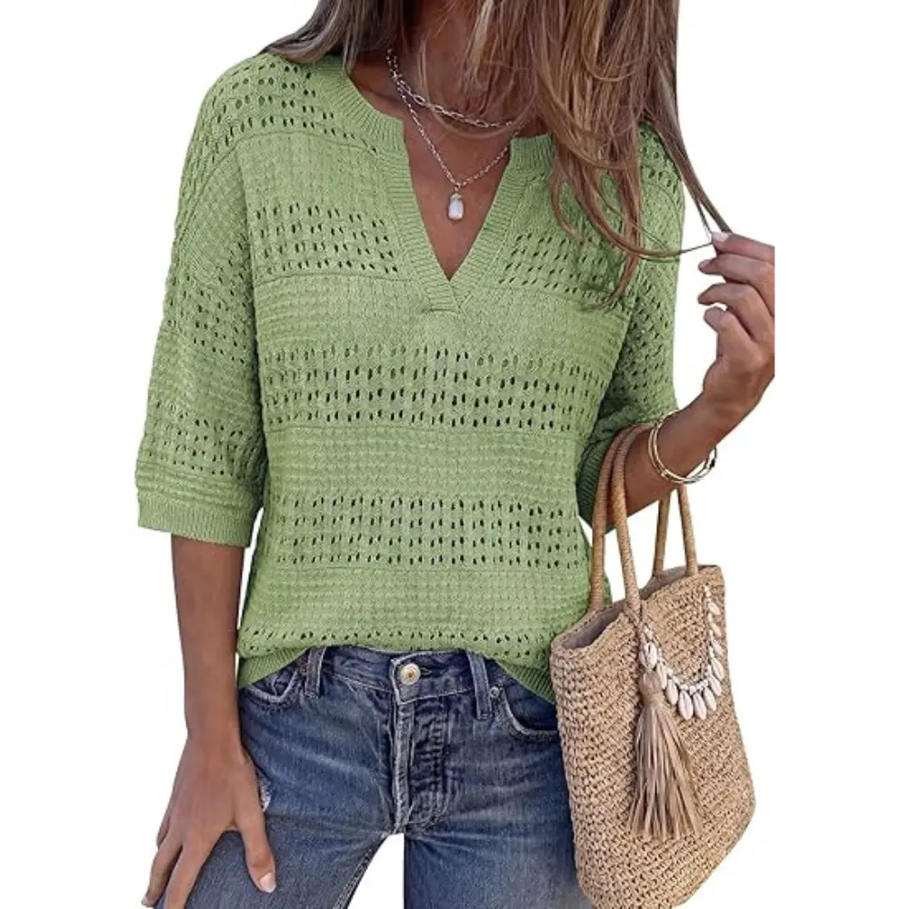 PRETTYGARDEN Womens Crochet Tops Casual Cotton Hollow Out Knit Short Sleeve Oversized Sweater for Women Summer Beach Cover Up