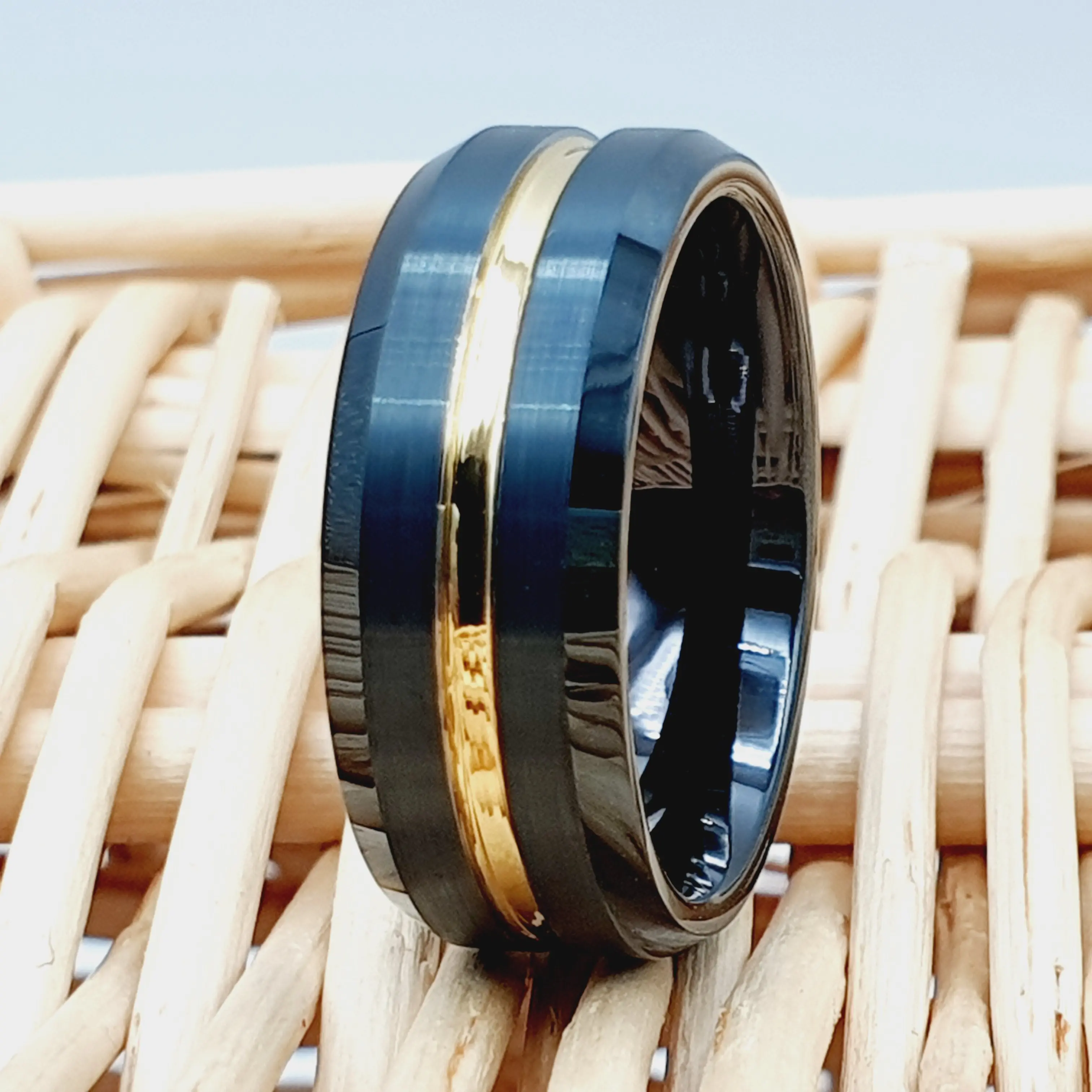 Black Tungsten Ring for Men - Wedding Band Gold Step - 8MM Thick Engraved Ring