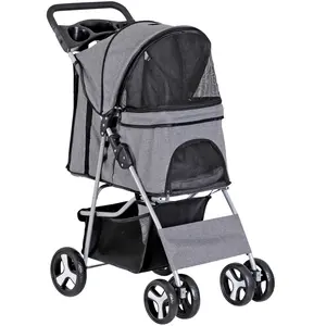 SuperDeal Pets 4-Wheel Foldable Stroller Carrier with Storage Basket for Cats and Dogs - Gray