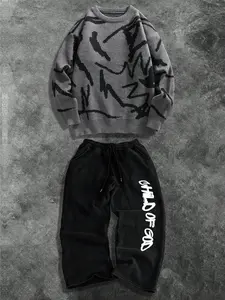Unisex Casual Sweater Set, Long Sleeve Knitwear & Printed Pants Two-Piece, Street Style Letter Print, Fall&winter Fashion