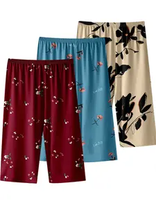 3-Pack Floral Print Sleep Pants, Plus Size Loose Fit Summer Pajama Shorts, Casual Nightwear Home Wear for Women, Elderly Mom Comfortable Lounge Pants Loungewear