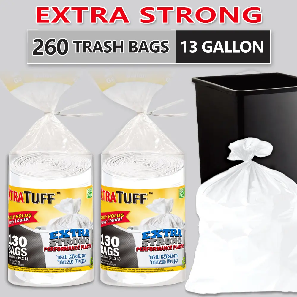 Plastic 13Gal Disposable Trash Bags, 260-Count, Puncture-Resistant, Tear-Proof, Leak-Proof, Durable, Easy-to-Use Home Supplies for Home, Industrial Use, Strong Trash Bags, Jumbo Pack Trash Bags