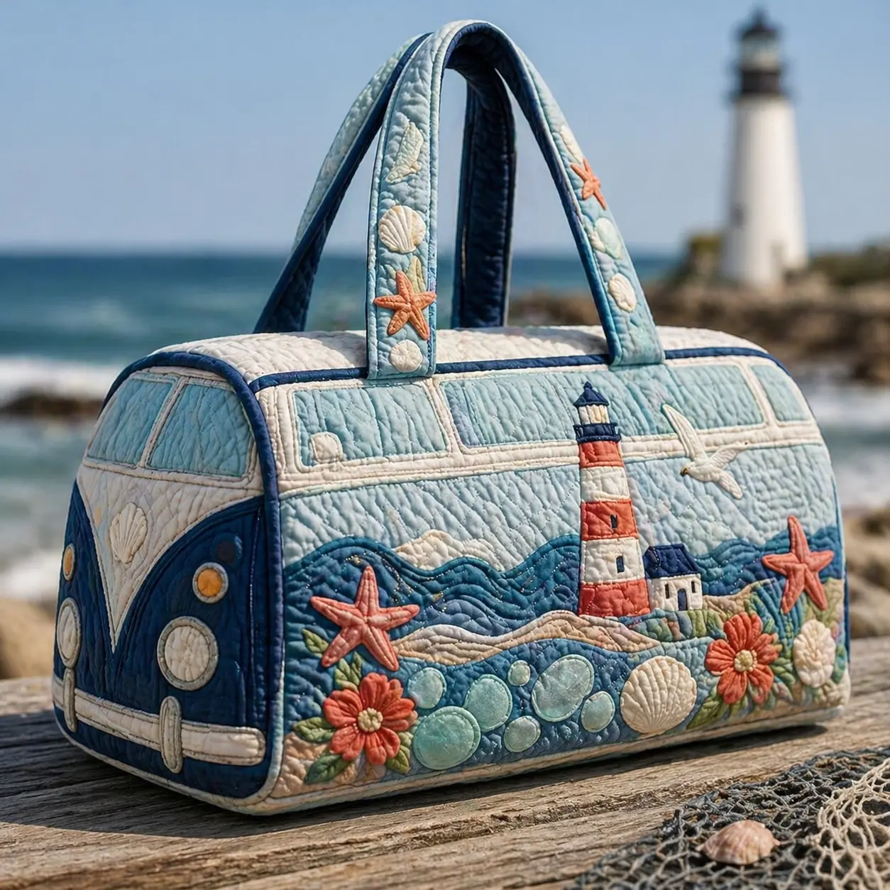 Women’s Coastal Lighthouse Quilted Weekender Bag, Beach Travel Duffel, Large Capacity Carry On Overnight Tote with Starfish Seashell Ocean Print for Vacation, Cruise, Road Trip, Gym