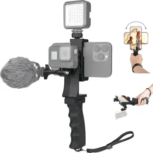 L-CPS016  2in1 Ergonomic Portable Action Camera+Smartphone SYN Hand Grip Stabilizer Combo Mount Video Vlogging Rig Holder Kit for GoPro iPhone Interview Travel YouTube Tiktok Streaming-Mic+Light Adapter