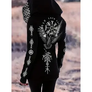 Fortune-Attracting Vintage Viking Gothic Print Pocketless Zipper Hoodie