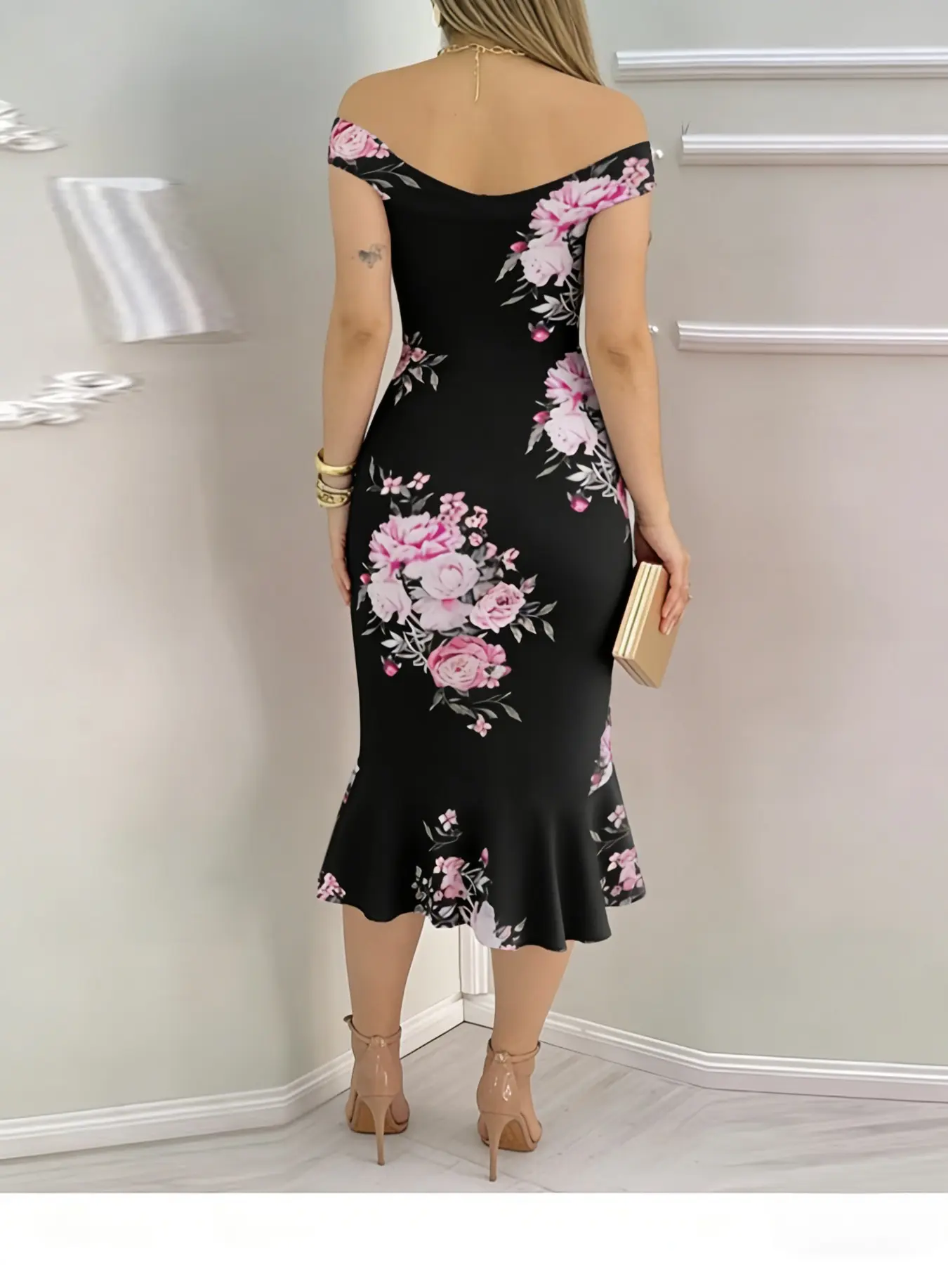 Elegant Off-Shoulder Floral Bodycon Midi Dress, Formal Evening Party and Wedding Guest Dress, Plus Sizes Available