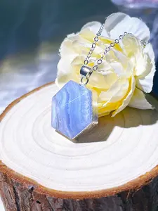 Blue Lace Agate Natural Stone Crystal Stone Necklace, Hexagon（Randomly Selected for Shipping, You Can Join Our Live Stream to Pick）