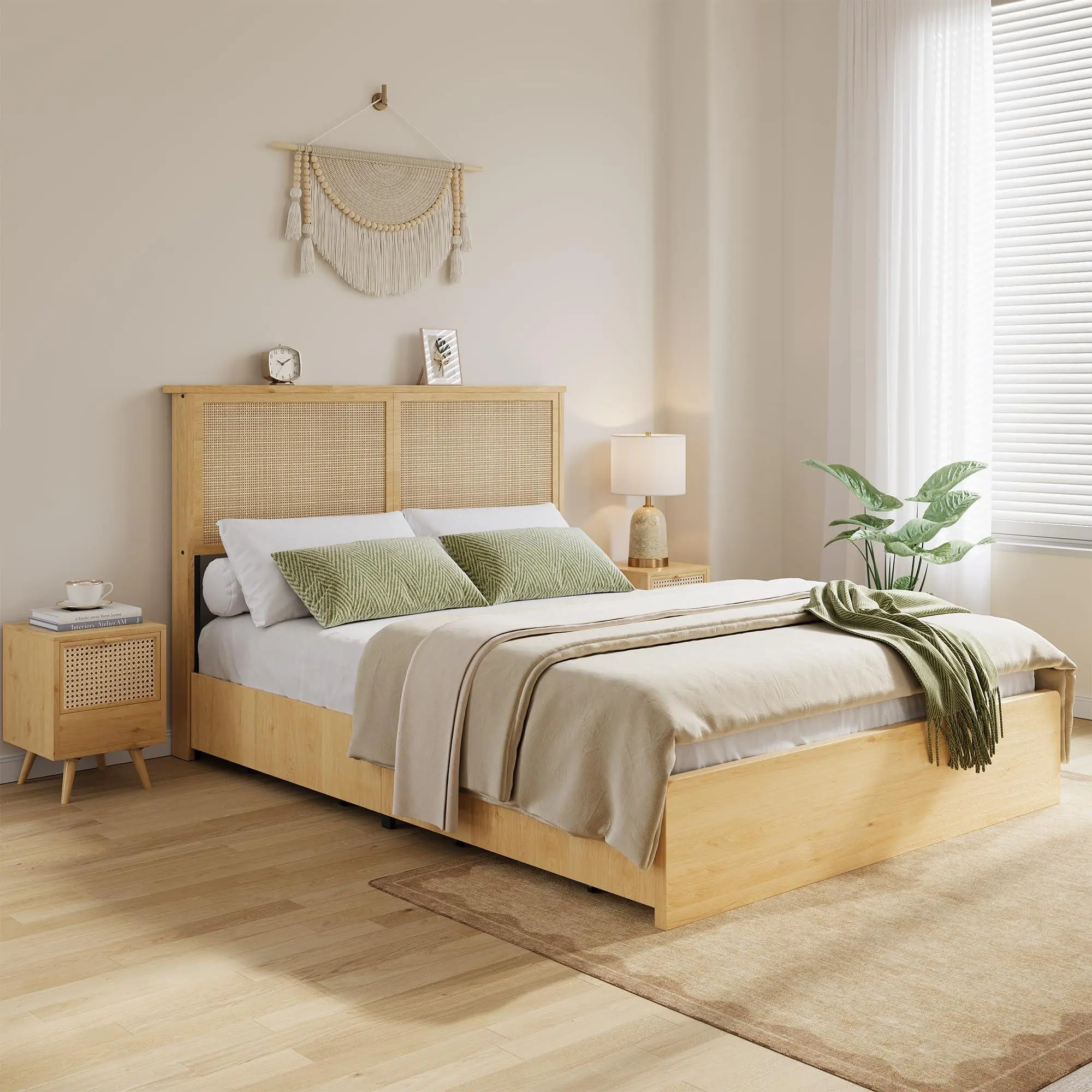 Rattan Bed Frame Queen with Natural Rattan Headboard,Queen Bed Frame with LED Lights,Rattan Queen Bed Frame with Headboard, Wood Foundation with Silent Slats,No Box Spring Needed