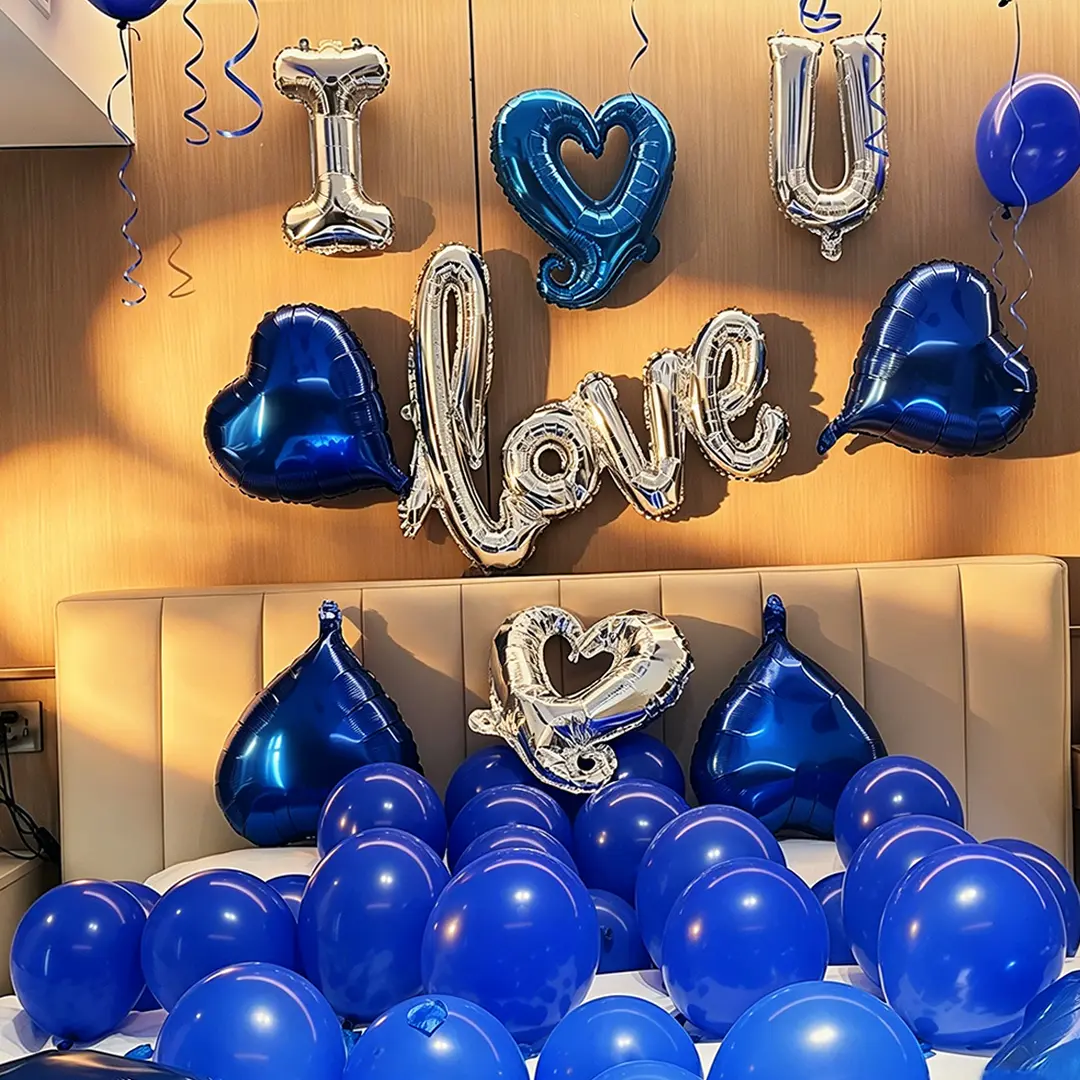 500pcs Blue Birthday Decoration Set.I Love You for Him/Her Balloons 53pcs Royal Blue and Sliver balloon kit Include 18 Inch Heart Shaped Balloons and 500 Blue Artificial Rose Petals Romantic Decoration Kit for Valentines Party