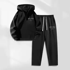 Men’s 2-Piece Milan Letter Print Workout Set - Zipper-Collar Hoodie & Drawstring Sweatpants with Pockets, Sporty Style Athletic Activewear Tracksuits, Fall Winter Sweatsuit Set for Indoor-Outdoor Use