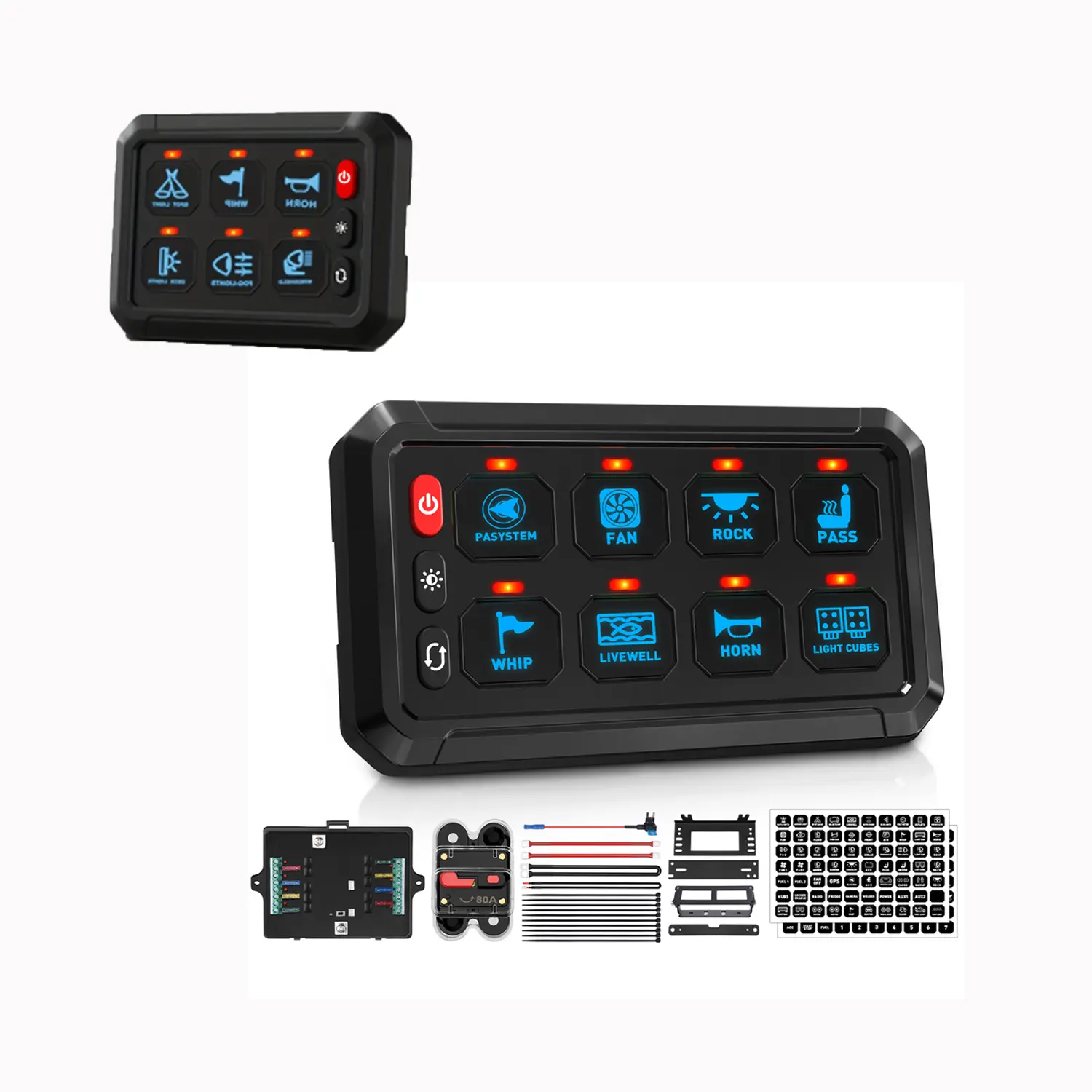 All-in-1 Design Universal 12V Circuit Control Relay System - 6-Gang/8-Gang Single-Color Switch Panels, Fuse Harness, LED Switches, Wiring Harness - ATV/Car Interior Stowing & Tidying Vehicle Accessory