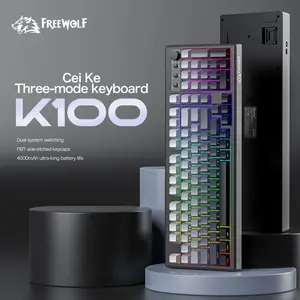 Freewolf K100 Triple Mode Keyboard, USB Rechargeable Keyboard, 4000mah Battery, Pbt Material Side-Print Keycaps, LED Backlit Keyboard, RGB Lighting, Ergonomic Design, Gaming & Office Use, Rgb Backlight Keyboard