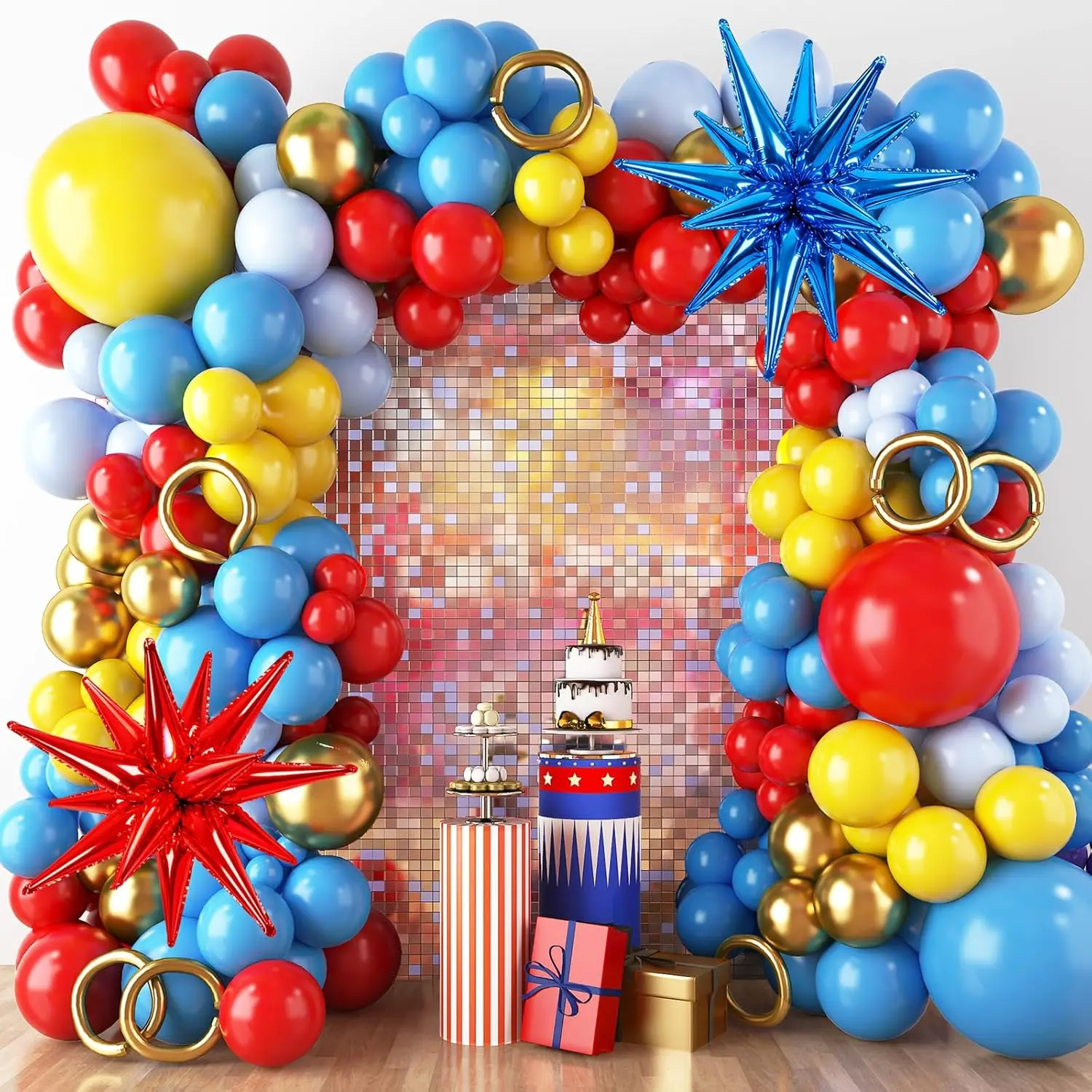 Balloons Garland Arch Kit, 140pcs Red Blue Yellow Balloon with Long Balloons, Canival Circus Balloons for Cartoon Hedgehog Super Hero Gamer Plim Plim Themed Party Decorations