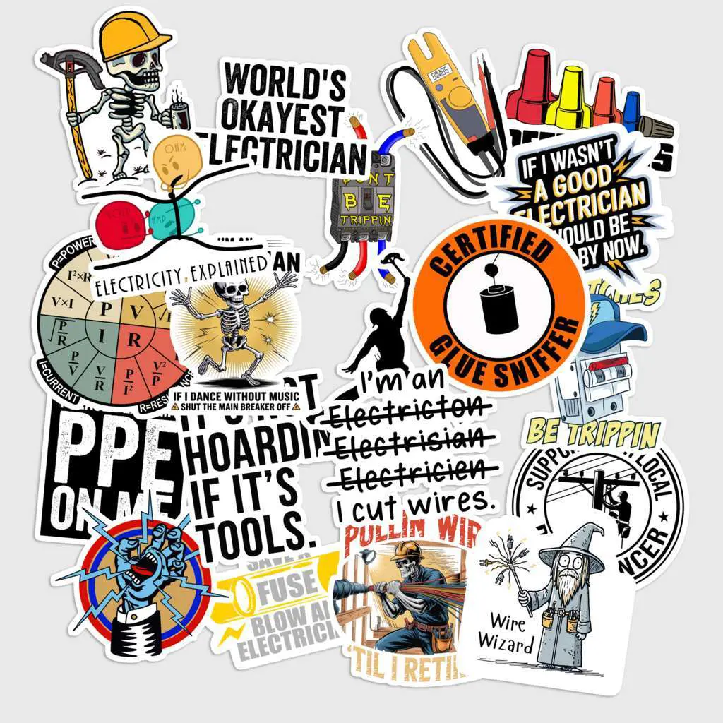 Sticker Pack 20 pcs Electrician Trade Stickers, Power Tools Vinyl Decals