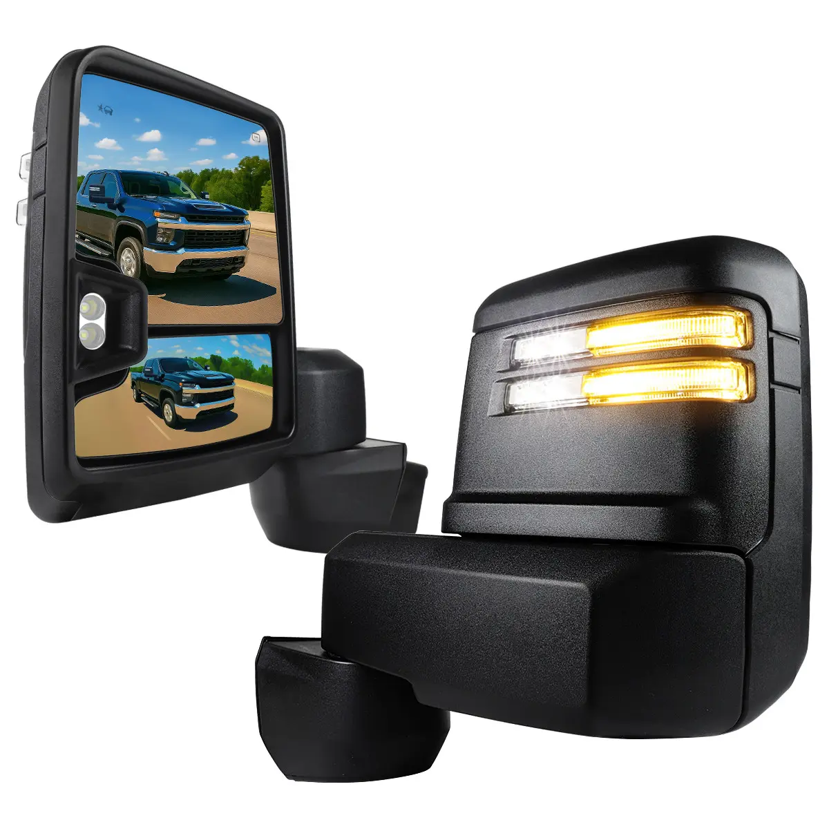 2020-2025 Chevrolet Silverado/GMC Sierra 2500HD/3500HD Power Adjustable, Heated, & Manual Extendable Black Towing Mirrors w/ Clear Lens LED Turn Signal & Clearance Lights