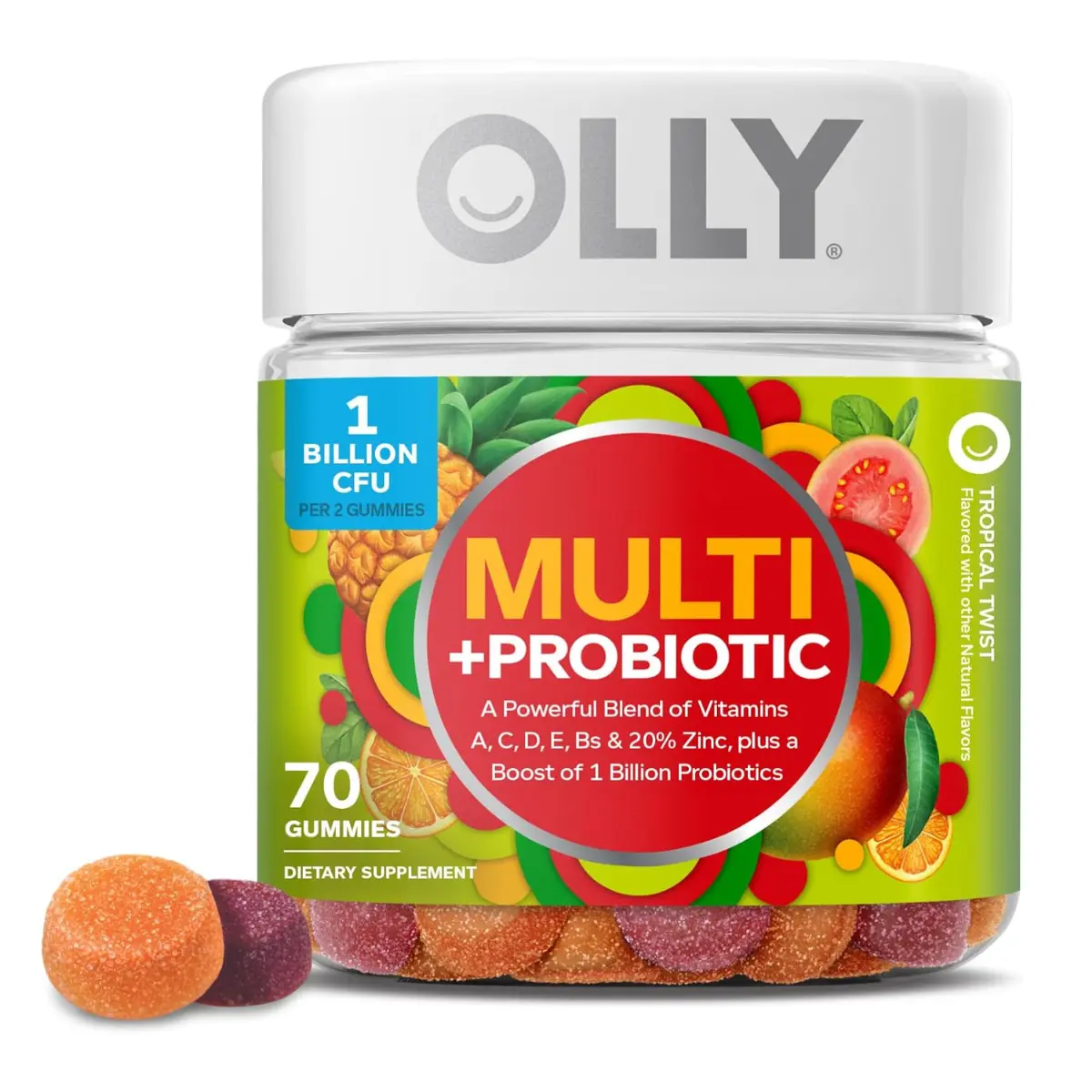 OLLY Multi + Probiotic Adult Multivitamin Gummy, Digestive and Immune System Support,* Chewable Supplement, Tropical Flavored, 35 Day Supply - 70 Count