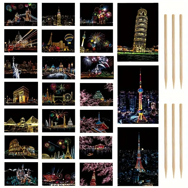 30 Pcs Scratch Art Paper, Rainbow Night View Scratchboard Pads for Adults, 7.9"x5.5" Envelope Postcard Art & Crafts Set with 24 Sheets Scratch Cards & 6 Pcs Wood Scratch Pen (6 Styles)