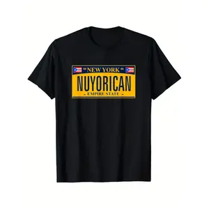 New York Nuyorican License Plate T-Shirt - Puerto Rican Flag Design, Unisex 100% Cotton Casual Round Neck Tee with Slight Stretch, Black with Yellow & Red Graphic, Sizes S-XXXL