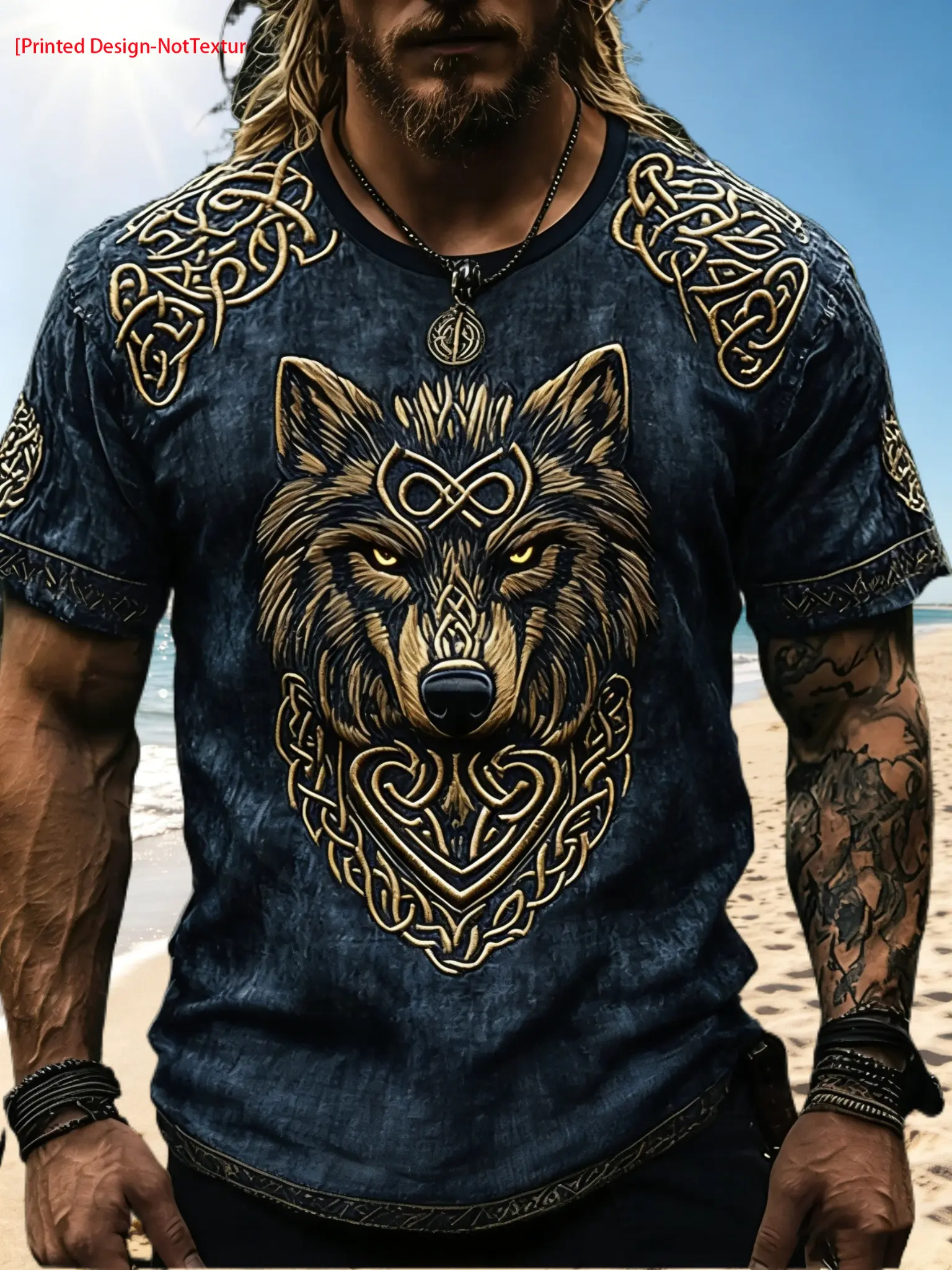 Men's Retro Viking T-Shirt, Casual Wolf Head Totem Print Short Sleeve Crew Neck Polyester Fabric Top for Daily Wear, Shortsleeve, Tshirt