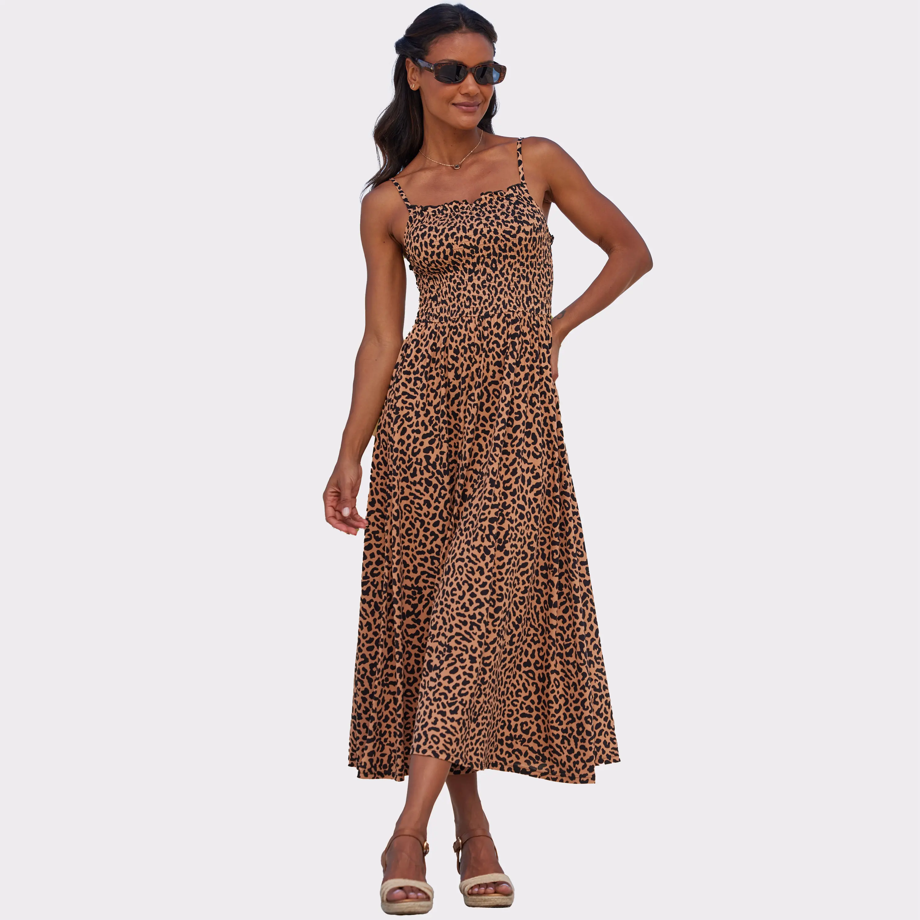 LASCANA Women's Smocked Leopard Print Dress
