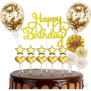 17 count  Cake Topper Set Happy Birthday Cake Decoration with Balloon  Heart Fan Picks Party Cake Decor for Women Birthday Bridal Shower Anniversary
