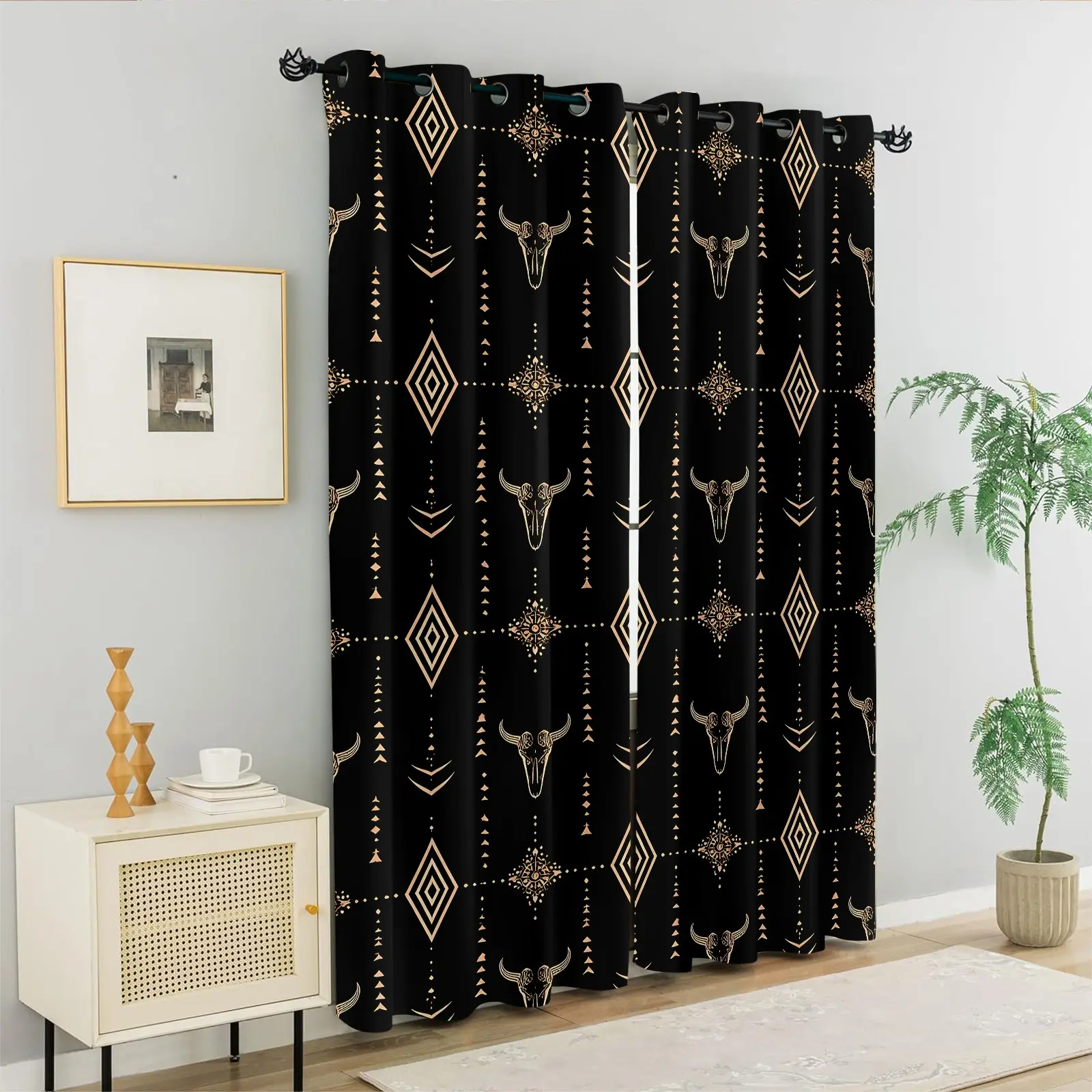 2 Panels Luxury Western Longhorn Skull Curtains, 80%-90% Light Blocking Printed Curtains, Boho Aztec Darkening Curtains, Black Gold Cow Skull Decoration Curtains Blackout Window for Western Style Bedroom Curtain for Windows
