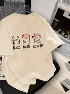 Girl's Cartoon Cat Paw & Letter Print Round Neck Tee, Cute Casual Drop Shoulder Short Sleeve T-shirt for Summer, Kids Clothes for Daily Wear