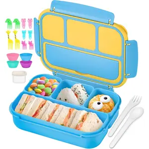 Bento Lunch Boxes with 4 Compartments, Sauce Container, Utensils, Food Picks and Muffin Cups for School or Adults, Blue
