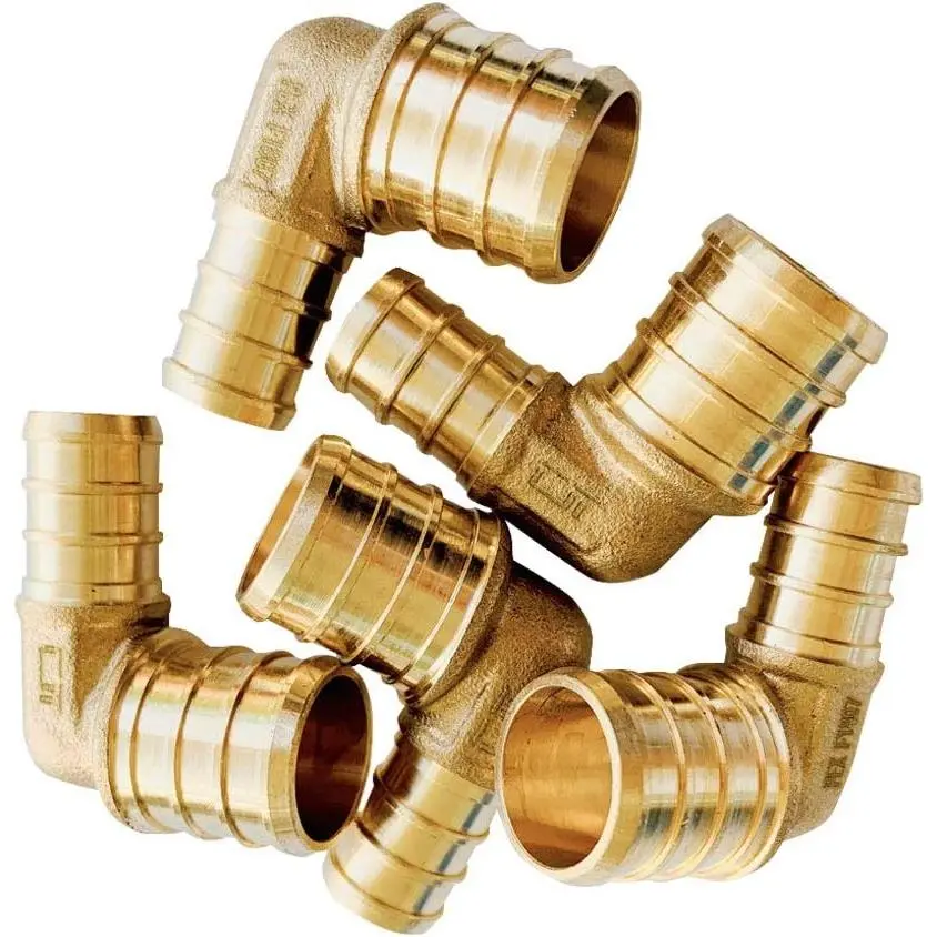 (5-Pack) Brass Crimp Pipe Fittings, 3/4" Pex to 1/2" Pex Reducing Elbow Plumbing Fitting