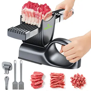 【ONCE FOR ALL】Manual Meat Slicer for Fresh Raw Meat (with Steady Grip), Meal Prep for the Week, Adjustable Thickness 2mm or 4mm, 17 Blades get 18 Fresh Meat Slicer, Meat Cleavers can be Sliced, Striped, Diced -Gray Fruit Chopping Appliance Kitchen Utensil