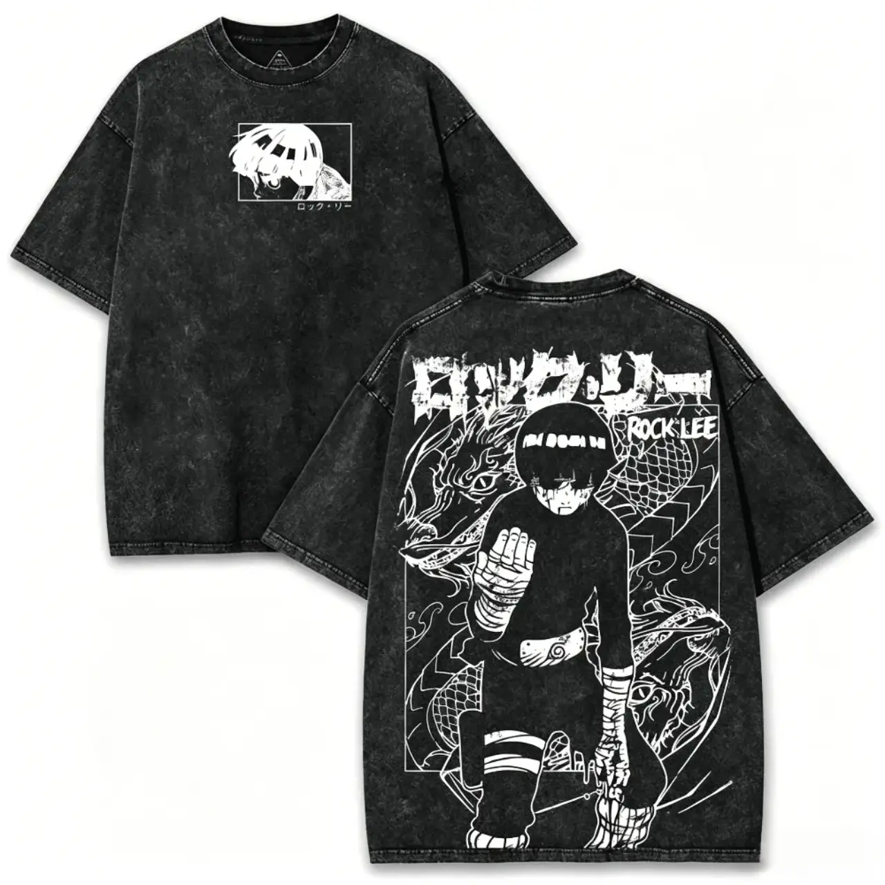 Rock Lee Washed Tee With Dual-Sided Print – Washed Vintage Shirt For Fans of Naruto’s Hardworking Ninja Spirit Cotton Menswear, Oversized Fit, Grunge Anime Streetwear, Retro Naruto Graphic, ，Acid Washed Oversized Rock Lee Anime Graphic Streetwear T-Shirt