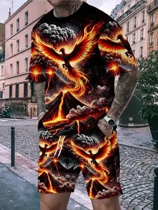Men's Summer New Printed Short-Sleeve T-Shirt Set, Stylish Phoenix Flame Pattern Casual Sports Two-Piece Set, Loose and Breathable Crew Neck Top and Shorts, Fashionable Street Style
