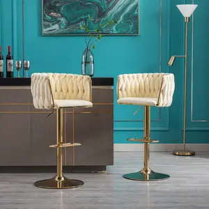 Swivel Velvet Bar Stools Set of 2, Adjustable Counter Height Dining Chairs with Woven Back, Perfect for Bar Counters, Kitchen Islands, Cafes, and Pubs ( Lvory + Golden, Set of 2)
