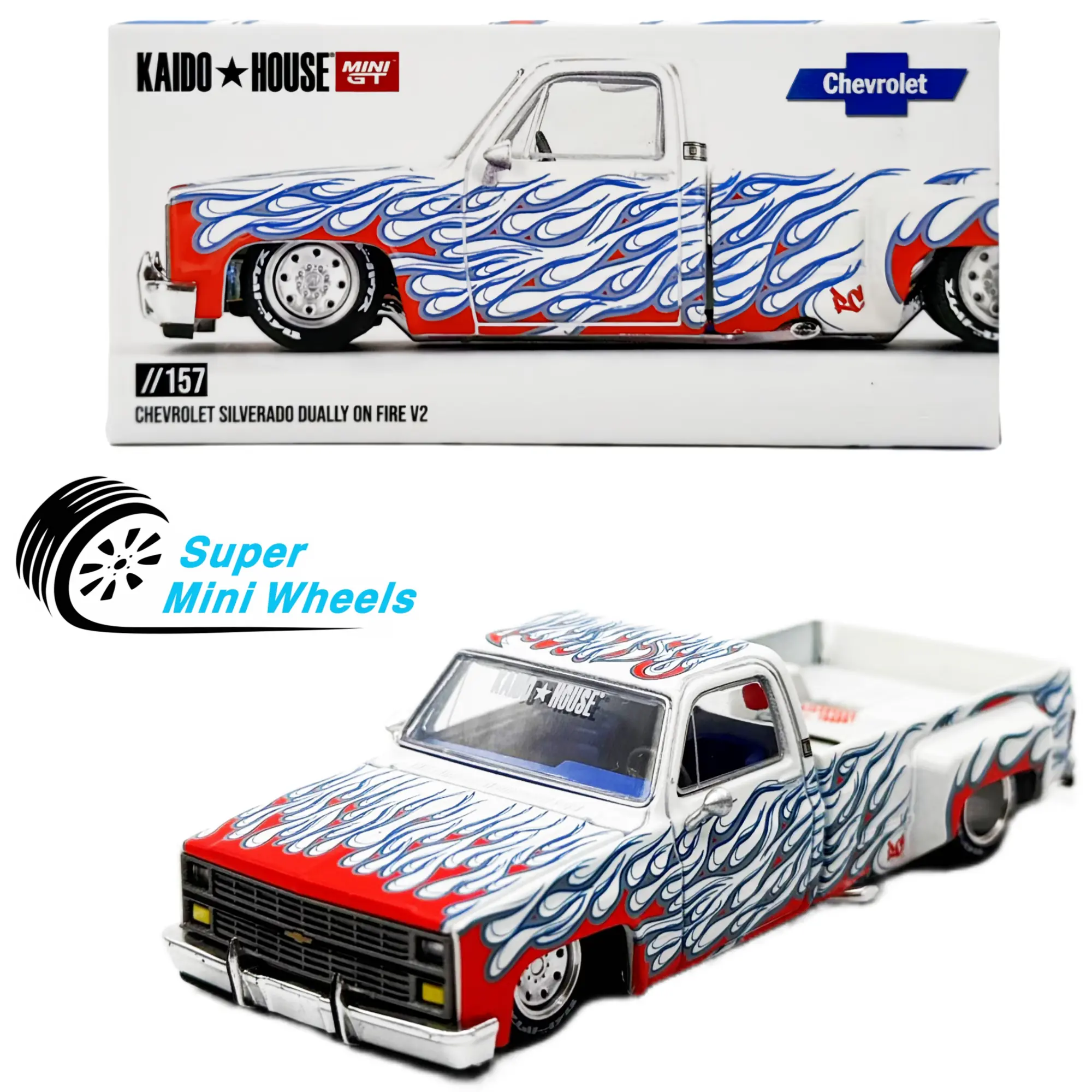 Kaido House x Mini GT 1:64 Chevrolet Silverado Dually on Fire V2 – White #157