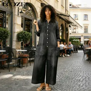 UOOZEE Women's 2026 New Spring Summer Denim Pockets Buttoned Wide Leg Oversized Lapel Jumpsuit, Loose Fit Casual Coveralls, Ideal for Spring Brunch, Fall Urban Outings & Smart-Casual Events