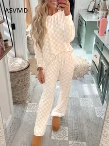 Women's Plaid Print Long Sleeve Loungewear Set, Casual Comfy Drop Shoulder Pullover & Drawstring Waist Pants, Women's Pastel Sleepwear Pajamas for Spring & Fall, Matching Sets Valentine's Day, gift