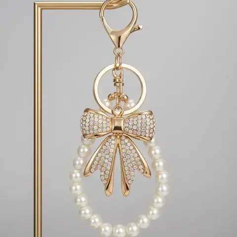 Women's Bow Keychain Rhinestone Imitation Pearl Chain Shiny Wallet Charm Bag Handbag Accessories Elegant Design Keychain Bag Pendant Trendy Cute Keychain Bling Bling Keychain For Bags Keychain For Purse Cute Keychain Accessory