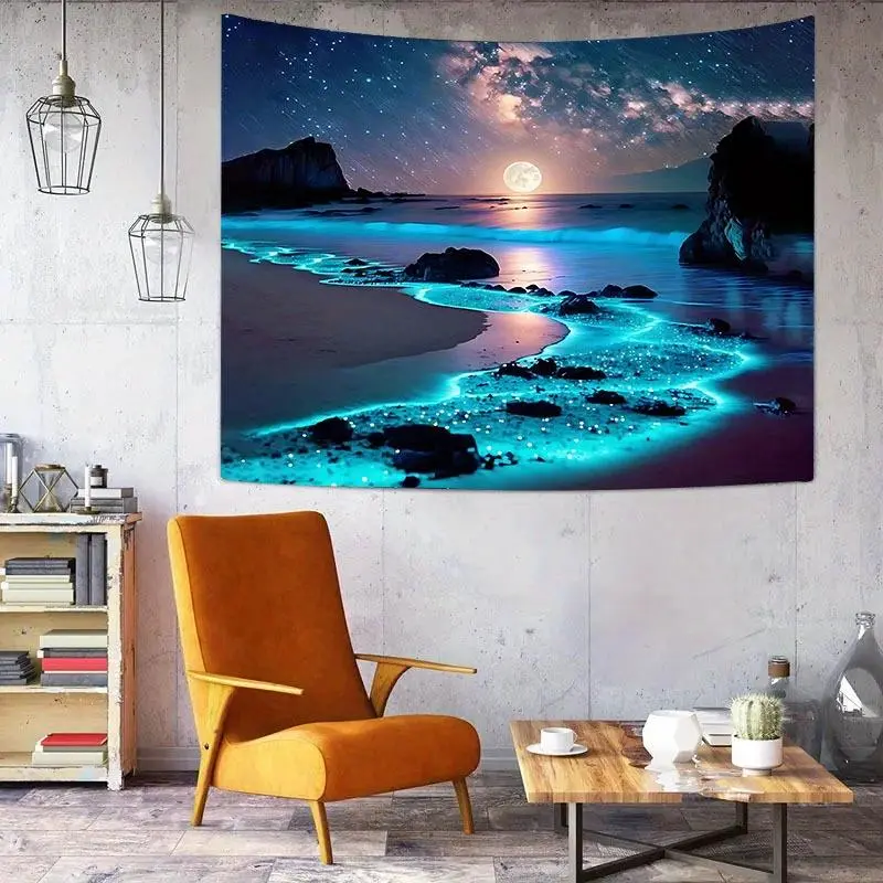 Enchanting Glowing Blue Ocean Waves Coastal Tapestry - 37x28 in Modern Coastal Scene Wall Hanging with Turquoise Sea, Full Moon, Stars - No Electricity Needed, Easy Hang - Bedroom Decor - Perfect Housewarming Gift Ideas for Women