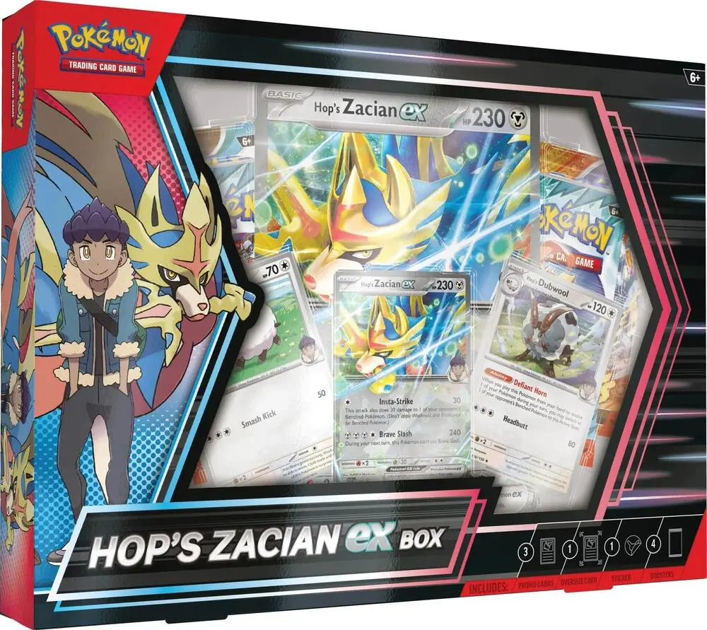 Hop's Zacian EX Box Set - Pokémon Trading Card Game Collectible, Galar Duo Themed, Oversized Foil Card, 4 Packs Included, Card Games