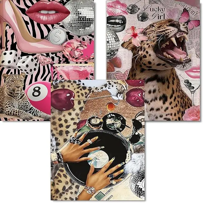 5D DIY Full Drill Diamond Painting Kit Leopard Print Disco Fashion Collage Art Craft for Adults Home Wall Decor Glue