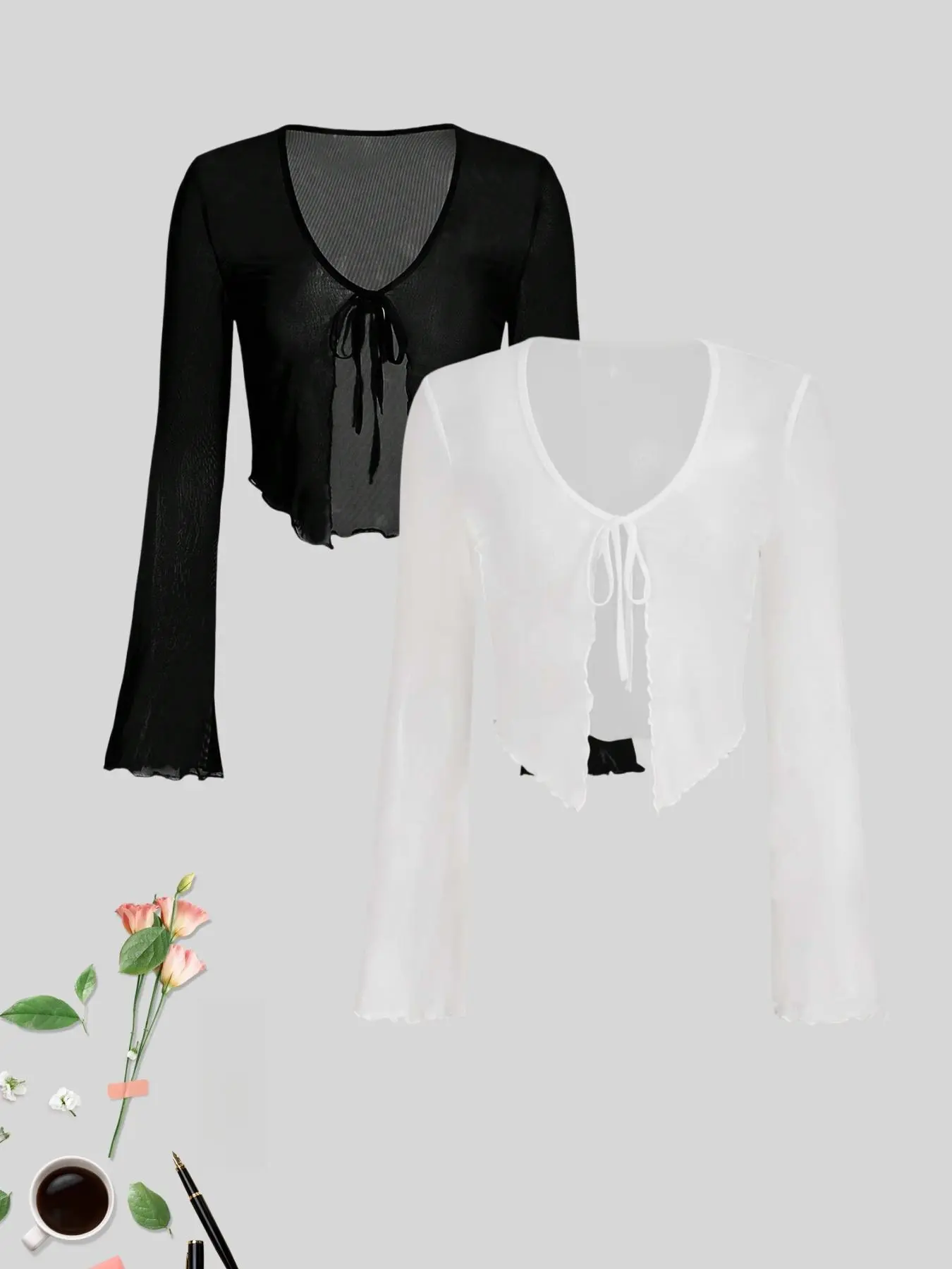 Women's Solid Color Tie Neck Fitted Cropped Knit Cardigan & Open Front Long Sleeve Cardigan, Elegant Fashion Casual for Daily Outdoor Wear, Women Clothing for Summer, Tops, Knitwear, Womenswear, Knitted Cardigan Tops