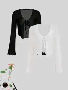 Women's Solid Color Tie Neck Fitted Crop Cardigan & Open Front Long Sleeve Cardigan, Elegant Fashion Casual for Daily Outdoor Wear, Women Clothing for Summer, Tops, Knitwear, Womenswear