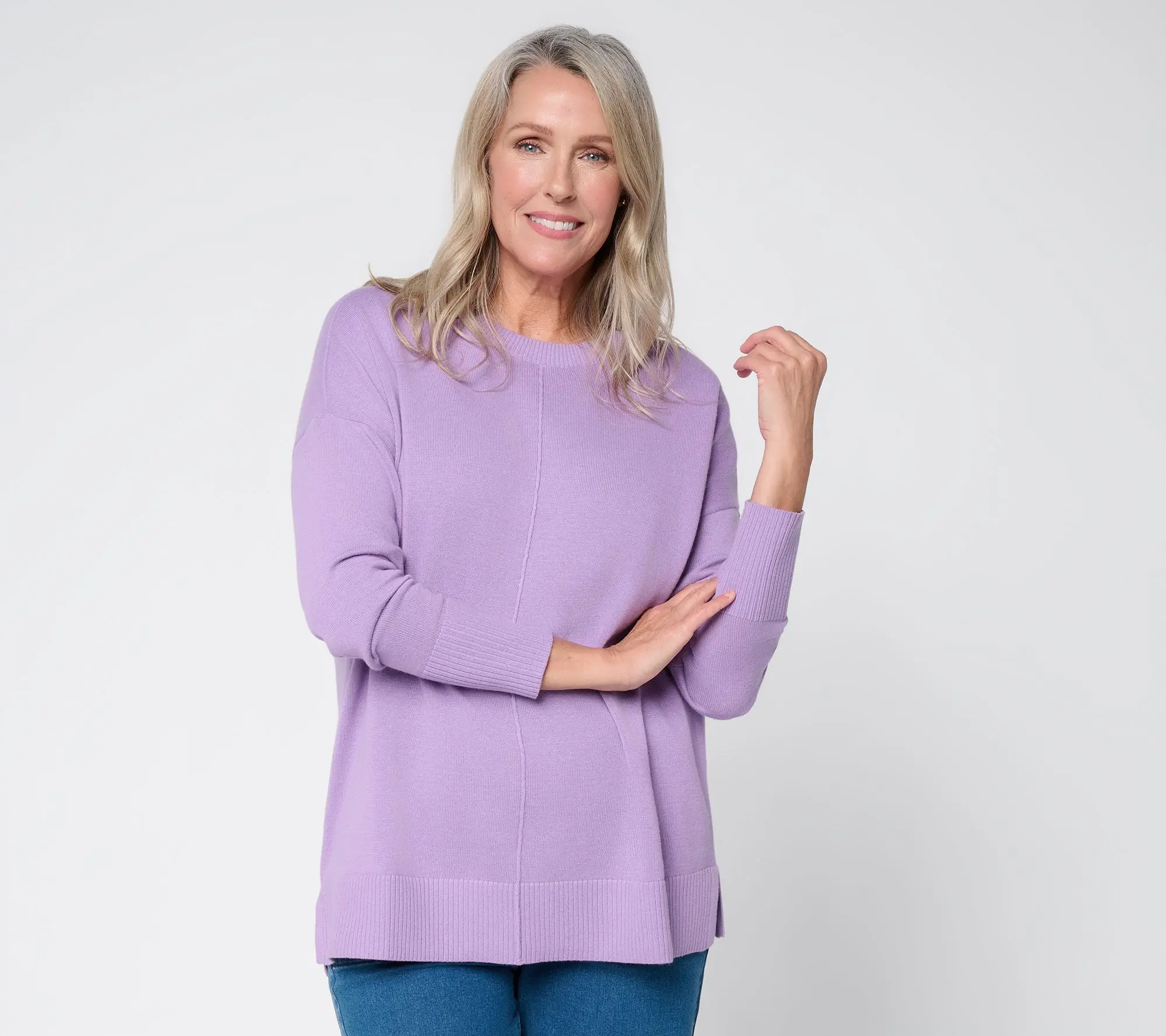 Denim & Co. 100% Cotton Drop Shoulder Crew Neck Sweater