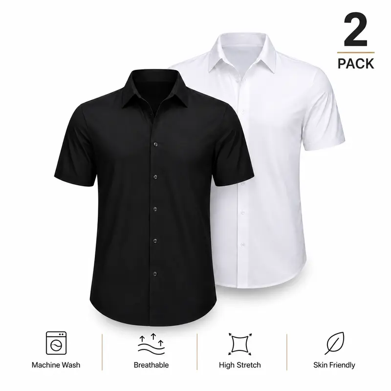 VILIGO Men's 2-Pack Short Sleeve Stretch Athletic Slim Fit Button Front Shirts, Business Casual Solid Top, Stretch Men's Casual Shirts