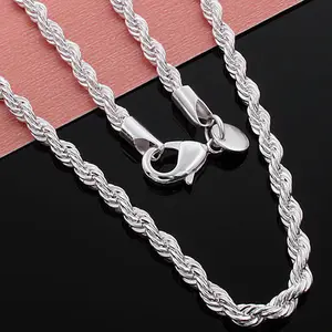 925 Sterling Silver Plated Rope Chain Lobster Clasp 4mm  Chain for Men Women Silver Necklace Chain 19.68/23.62 Inches Silver Tone Chain Necklace Trendy Fashion
