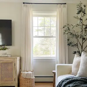 Twopages Liz Faux Linen Pinch Pleat Curtain Panel 52" Wide White Unlined Darkening Drapes for Bedroom & Living Room Privacy Protection Adjustable Hooks Included Festive New Year Curtains Gift for Home Decor Ideas 2026 Lunar New Year