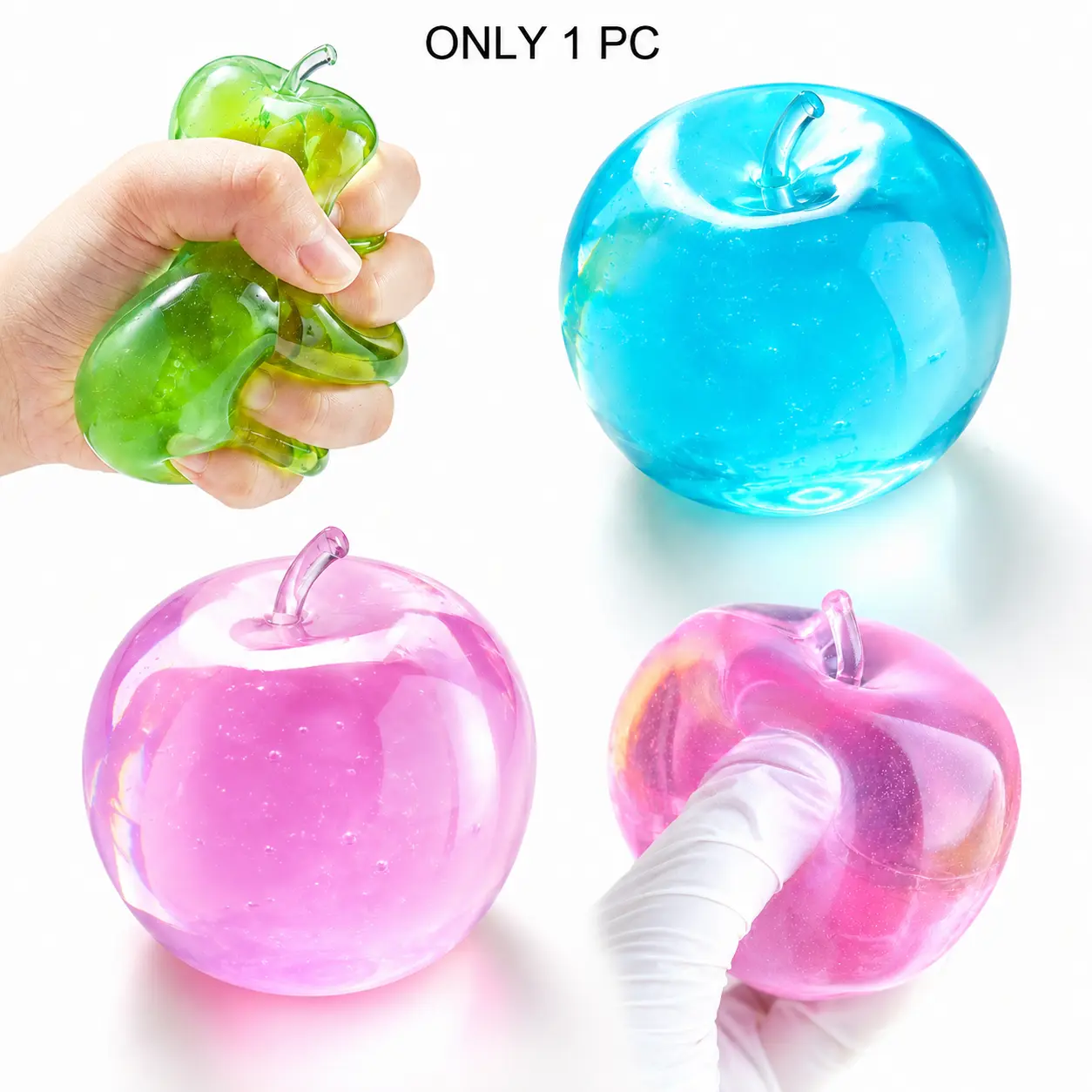 Apple Squishy Toy, Pink Green or Blue Crystal Apple Shape, Moldable Coconut Oil-Like Feel, Sensory Fidget Toy for Squeezing and Stress Relief, for Adults, Teens and Kids, Back to School, Dorm Essentials