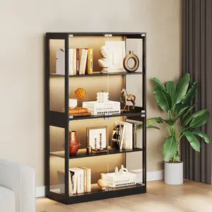 Glass Display Cabinet 4-Tier, Curio Bookcase Cabinets with Glass Doors, 3 Color Lights, Human Body Sensor & Charging Ports, for Living Room, Bedroom, Home Office
